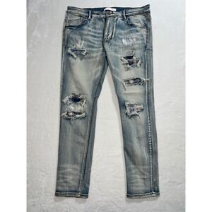 KDNK Mens Distressed Skinny Jeans 38 Blue Plaid Patch Paint Splatter Streetwear